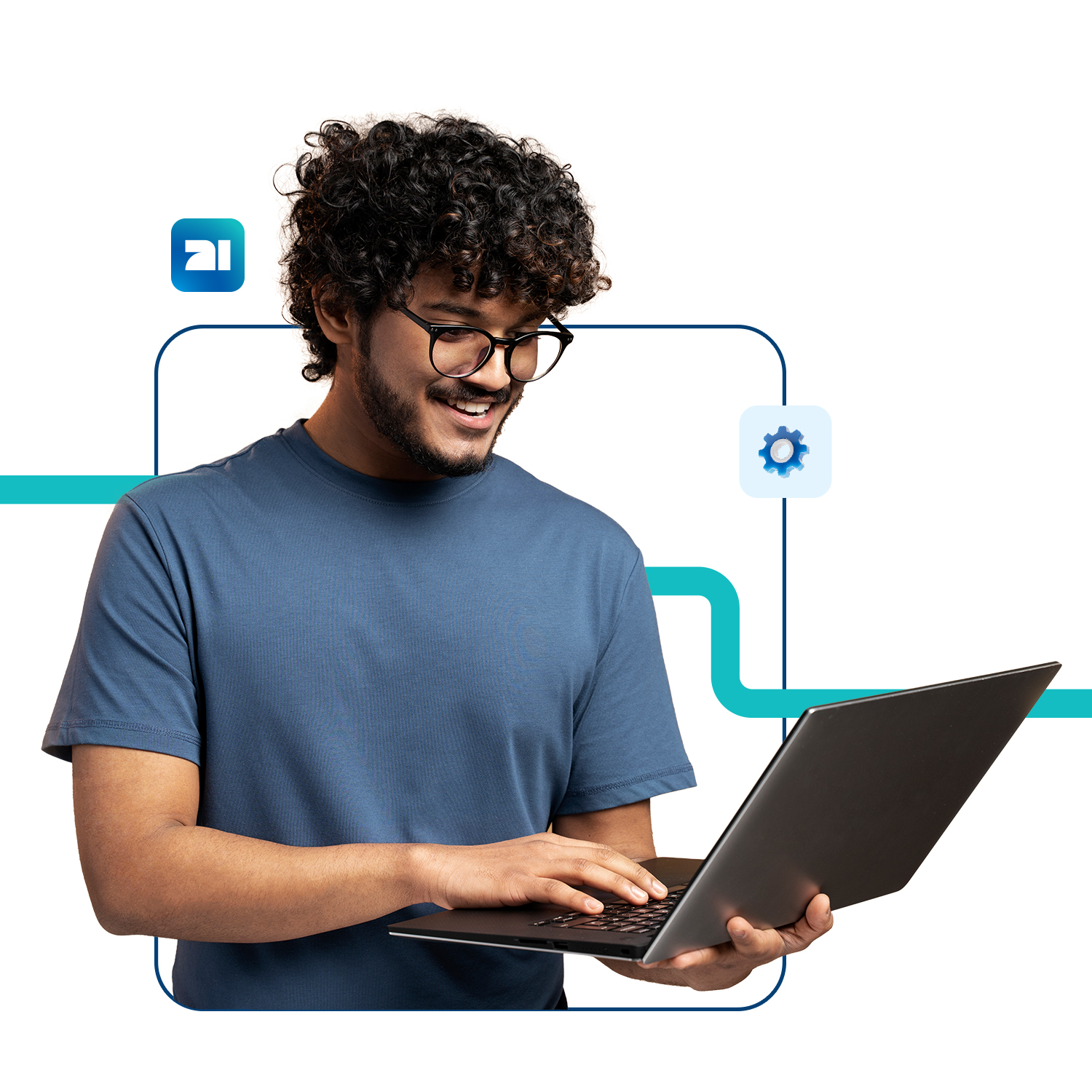 A marketer working on a laptop, surrounded by Amazetec brand motifs